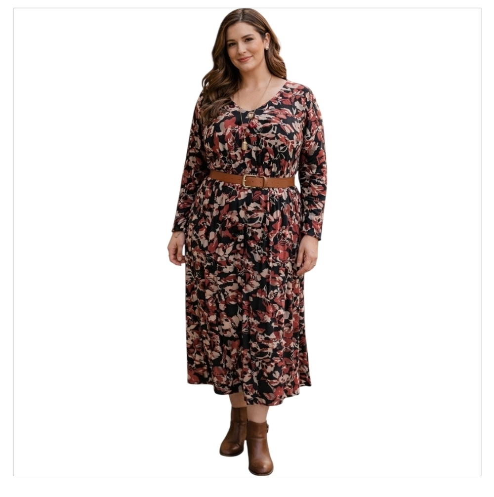 handmade floral pink black long sleeve stretch midi dress xl